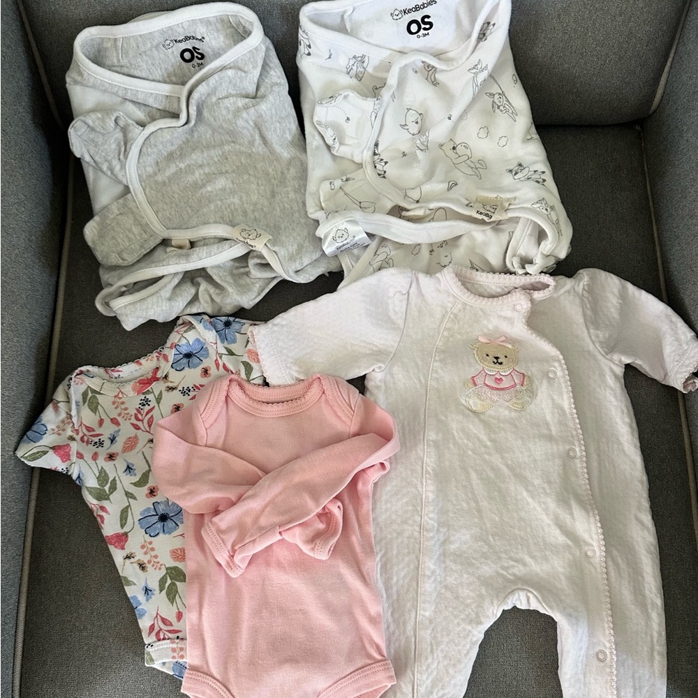 Newborn Baby One-Piece and Swaddle Bundle Lot - White, Pink, Gray, Floral.